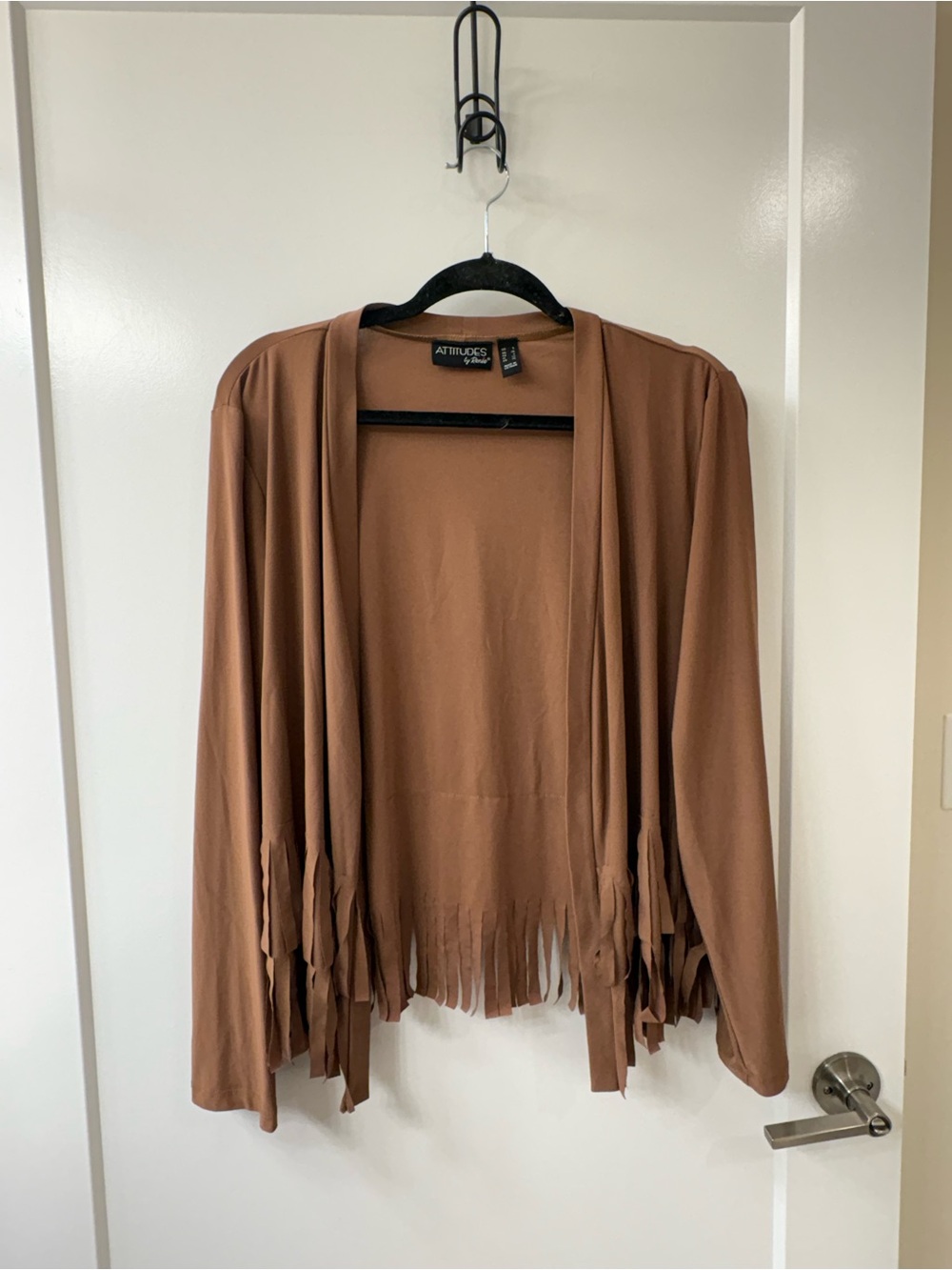 Attitudes by Renee Brown Knit V-Neck Open Front Fringe Cardigan SZ L